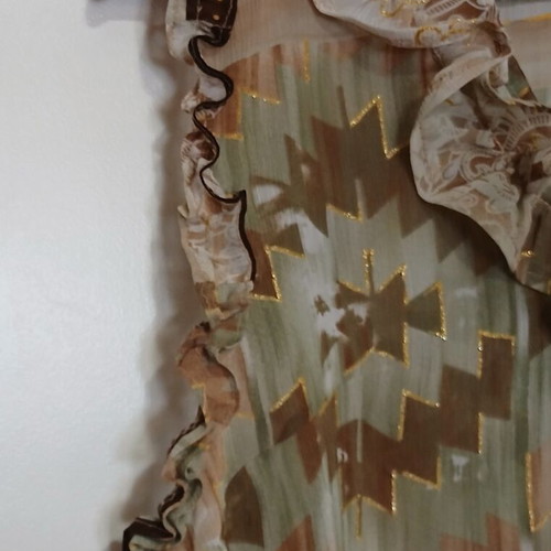 Bohemian sleeveless semi-transparent top with ruffles size medium like new, brown multicolor