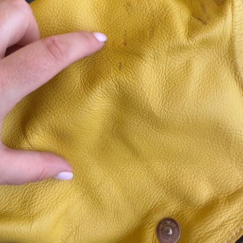 KEM suede and leather handbag used, purple and yellow
