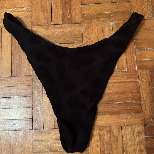 Black Brazilian bikini bottom with embossed velvet flowers, M