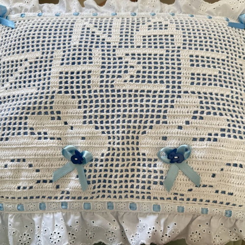 Handmade Crochet Pillow with Lace and Blue Ribbons