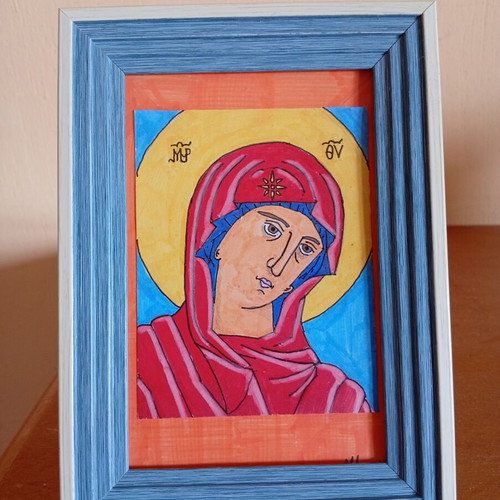 Icon of Panagia 10x15 cm new, handmade with frame