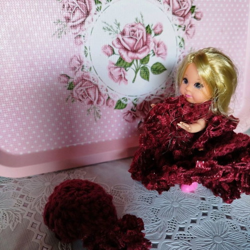 Miniature doll new with handmade dress and hat 10cm