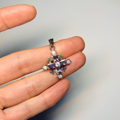 925 Sterling Silver Cross Pendant with Amethyst and Cubic Zirconia, New