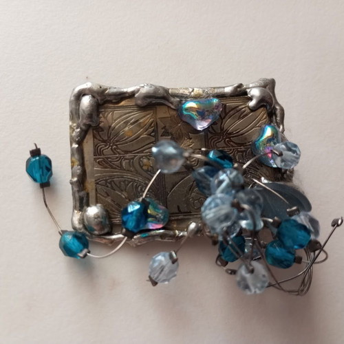 Metal handmade vintage brooch with blue and iridescent beads new