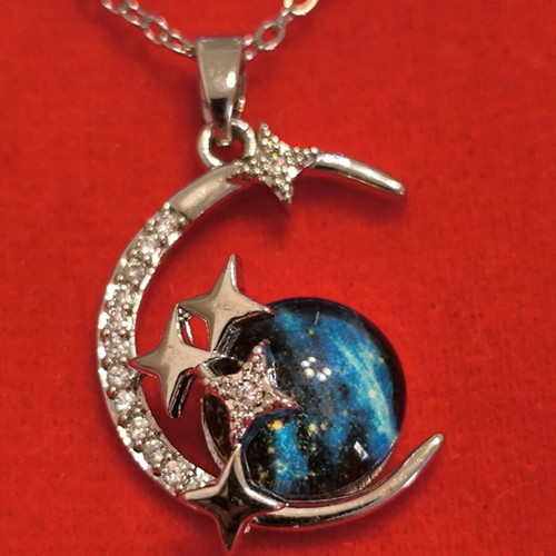 Moon and Stars Necklace with Blue Galaxy Stone, new, silver color