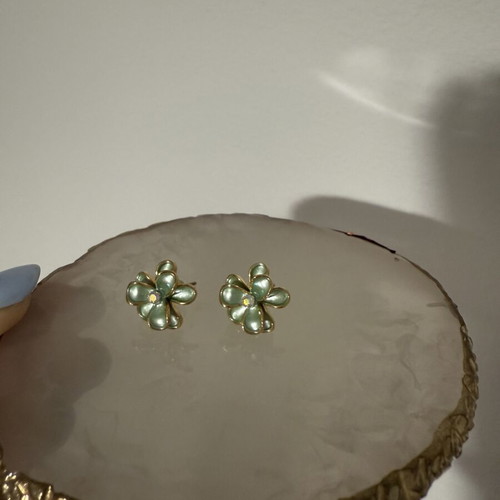 Green Flower Earrings 18k Gold-Plated Like New with Crystals