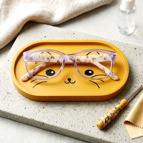 Handmade ceramic tray with cat design for glasses or jewelry
