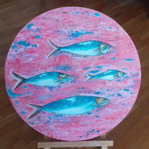Handmade painting on driftwood new, 38 cm diameter