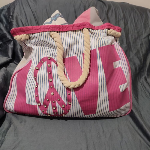 Lovie beach bag used, 100% cotton, white with blue stripes and pink letters