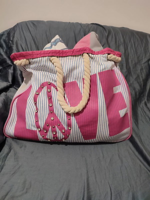 Lovie beach bag used, 100% cotton, white with blue stripes and pink letters
