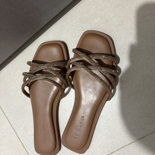 Flat sandals size 37 like new with square toe and rhinestone straps