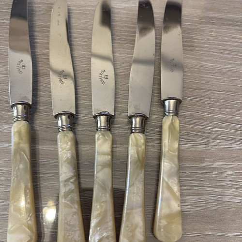 Cutlery set with mother pearl handles, 5 knives and 6 forks, used, vintage
