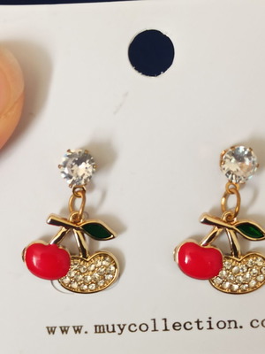 Cherry earrings with enamel and white zircon stones, stud