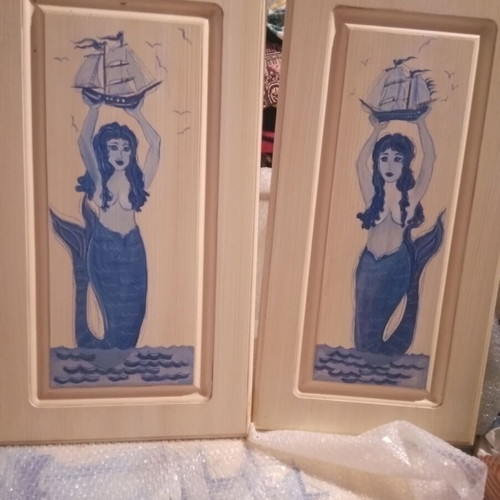 Two decorative wall panels new hand-painted with mermaids