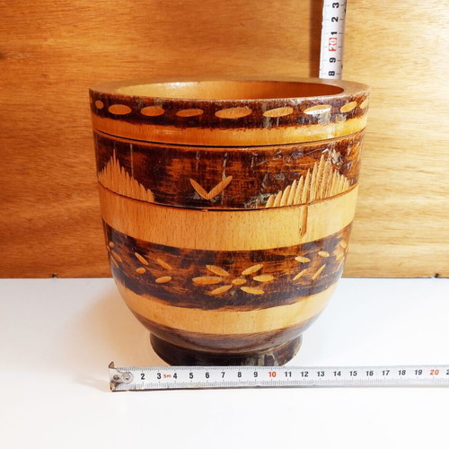 Wooden mortar with carved decoration like new