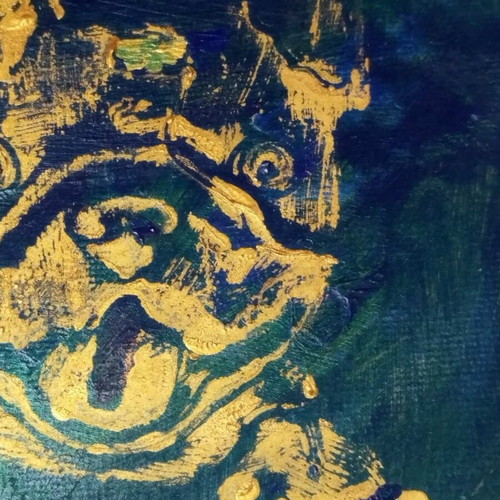 French Bulldog painting with embossed gold texture on blue background