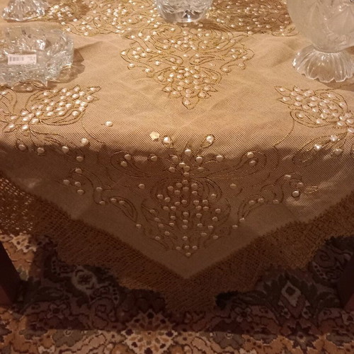 Γνήσιο χειροποίητο καρέ 120x120 με πέρλες Σβαρόφσκι και χρυσή δαντέλα