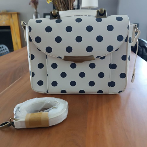 Carpisa crossbody and handheld bag new, white with gray-blue polka dots