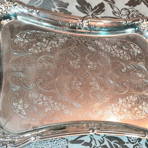 Twin bird serving tray used, nickel-plated steel, 1980s vintage