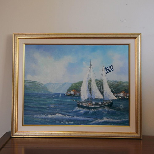 Oil painting on canvas signed, like new, nautical theme with frame
