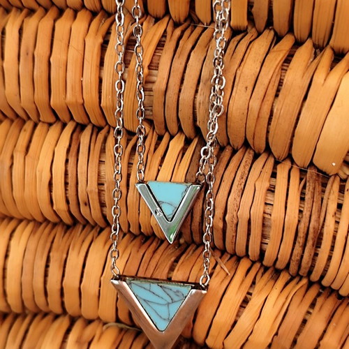 Double Stainless Steel Necklace Layering with Turquoise Triangles new