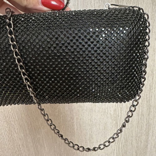 Evening bag black shiny with silver chain, like new