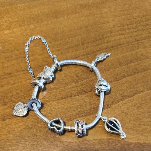 Pandora bracelet authentic used size 16 with 6 charms and safety chain