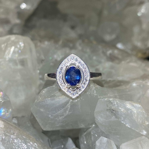 Handmade silver ring with natural blue sapphire and moissanites, size 10