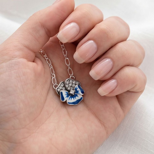 Pandora Blue Pansy Necklace and Earrings Set new, silver 925