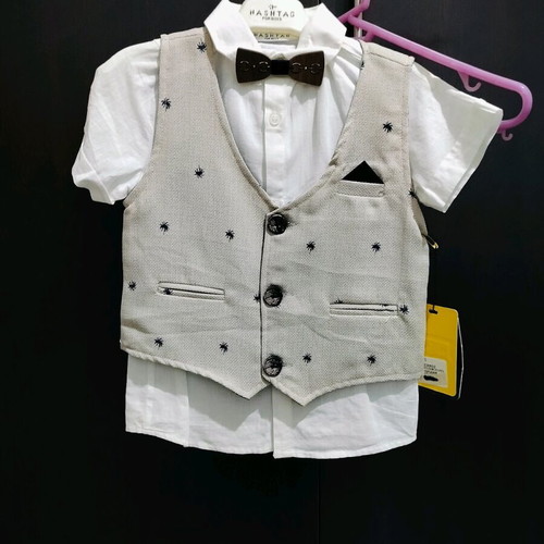 Children's summer set new Hashtag linen white shirt with dark blue-black shorts