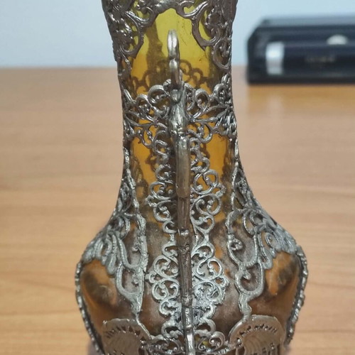 Gianniotiko vintage canataki used, amber blown glass with tin filigree