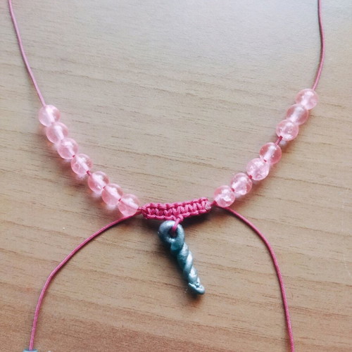 Necklace with handmade clay element and pink beads, new
