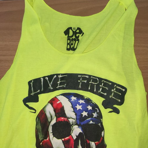 De Bezz unisex sleeveless shirt XL,L bright yellow with "Live free or Die" print new