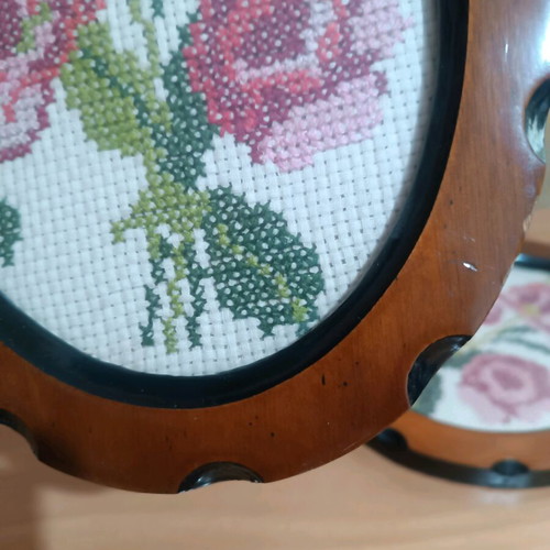 Vintage embroidered oval frames set of 2 with pink roses, used