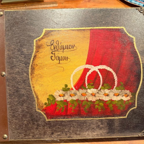 Vintage handmade wedding album like new with wooden cover and hand painting