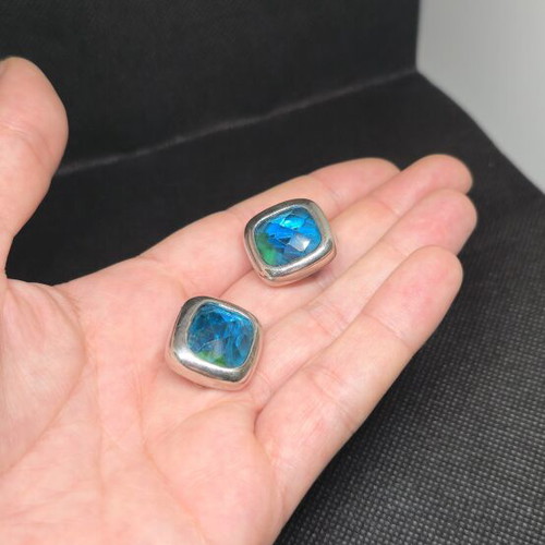 Vintage silver clip-on earrings with blue crystal like new