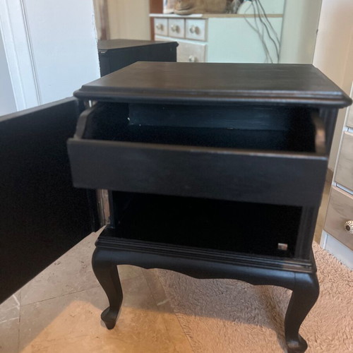 Antique Nightstand restored, black with carved wood details