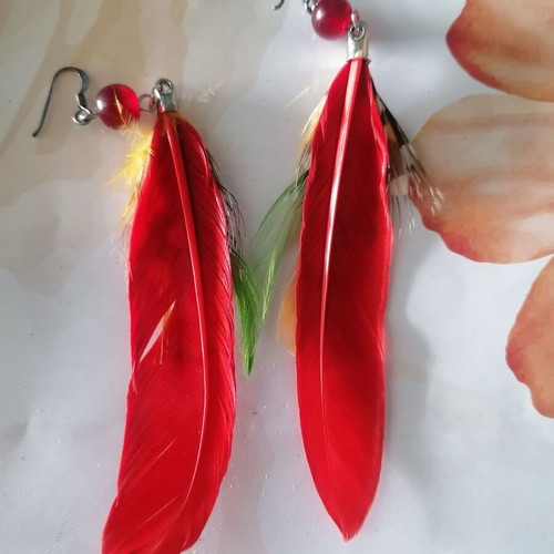 Boho earrings handmade with natural colorful feathers, new