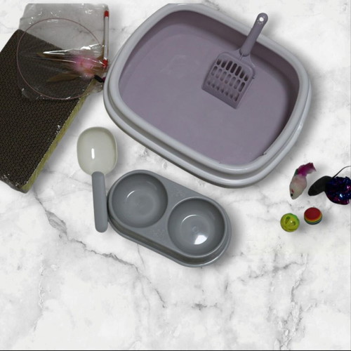Cat kit new with litter box, bowl, toys and scratcher