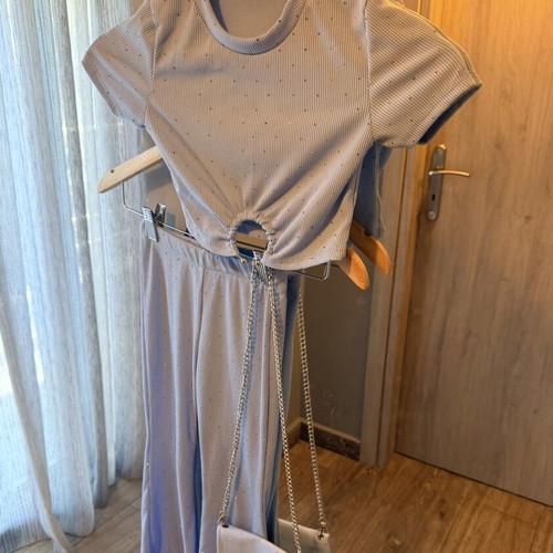 Turquoise set with pants, top and rhinestone bag