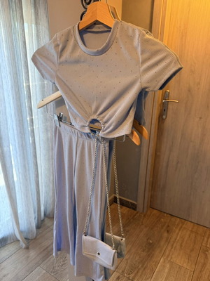 Turquoise set with pants, top and rhinestone bag