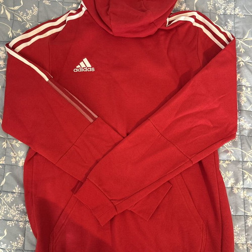 Adidas red hoodie with 3 Stripes, size M, like new