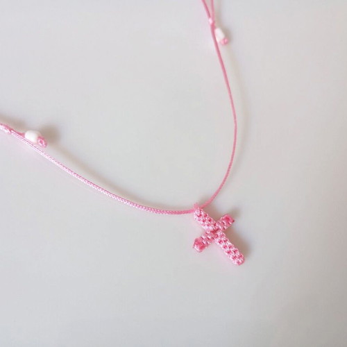 Macrame cross necklace in pink or purple