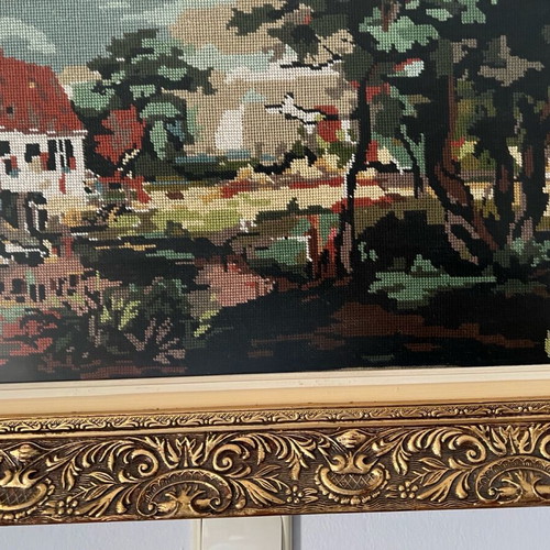 Antique painting handmade embroidery rural landscape like new