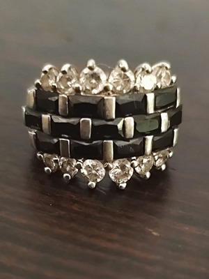 925 Sterling Silver Ring with White and Black Zircon, Size 56