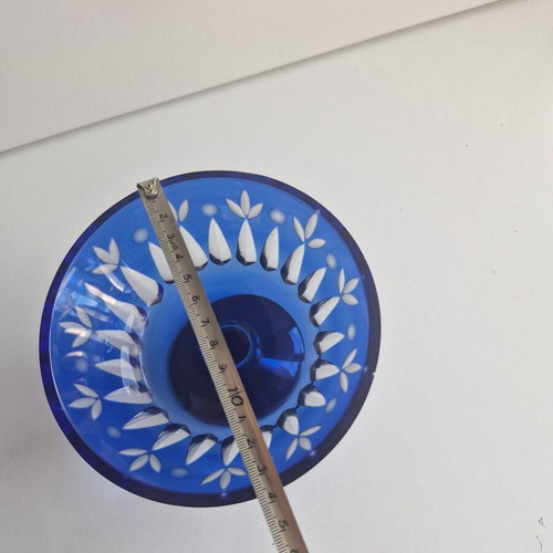 Blue Engraved Glass Fondue Bowl like new