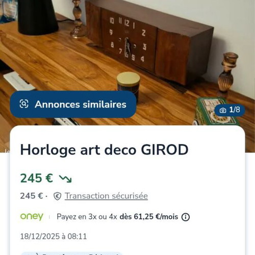 French fireplace clock Girod like new, mantel, analog