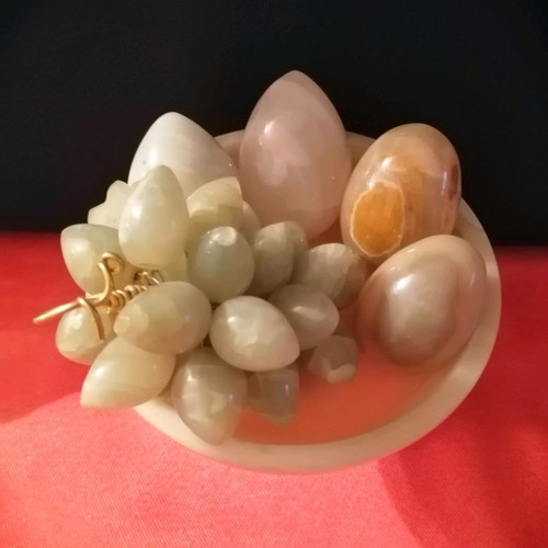 Alabaster fruit bowl set like new with decorative grapes and eggs