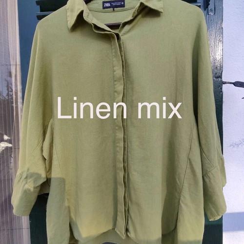 Zara linen mix green oversized shirt M