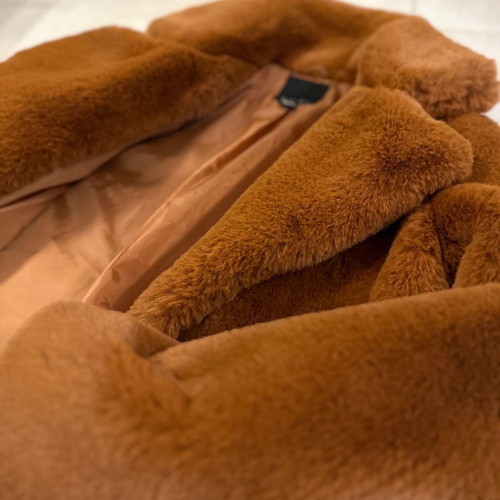 Amisu synthetic fur coat used, size 38, cognac tan color